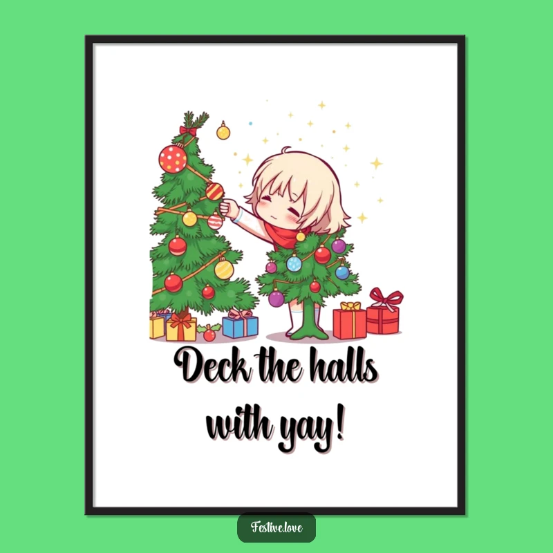 Funny Free Printable Wall Art: Festive Character Decorating Tree - Quirky Download