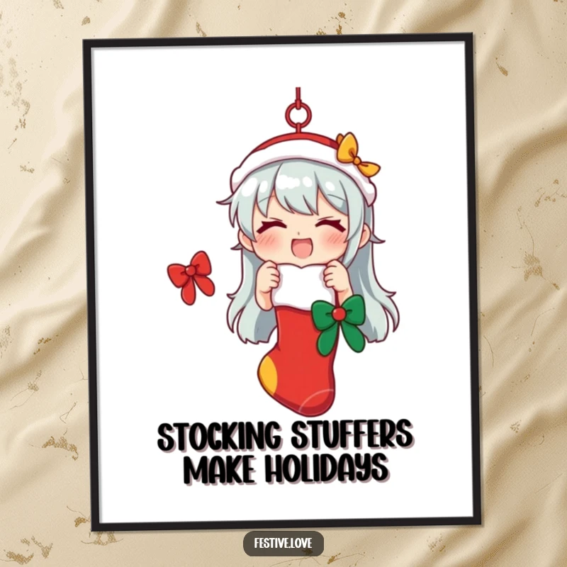 Funny Free Printable Wall Art: A character enthusiastically hangs a brightly decorated festive stocking, ready for Santa and gifts.