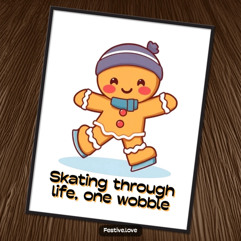 Funny Free Printable Wall Art: A joyful gingerbread man hilariously ice skating with a cheerful wobble.