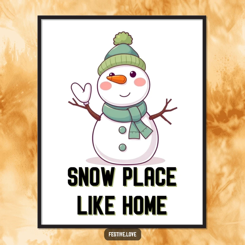 Funny Free Printable Wall Art: A jolly, smiling snowman with twig arms and a carrot nose waves a friendly hello, perfect for winter decor.