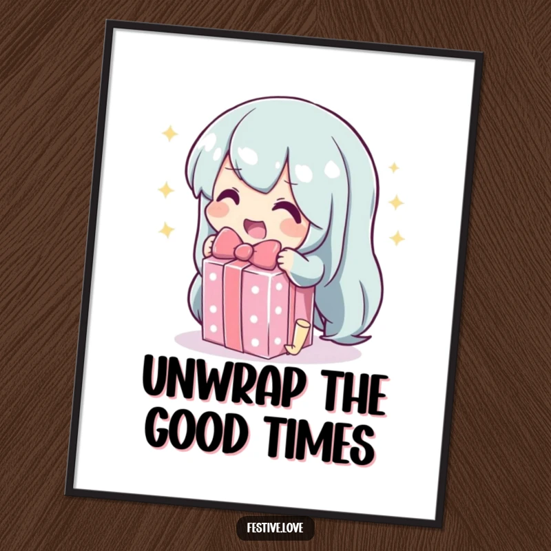 Funny Free Printable Wall Art: A character gleefully unwrapping a highly sparkling gift, representing joy, surprise, and wonderful presents.