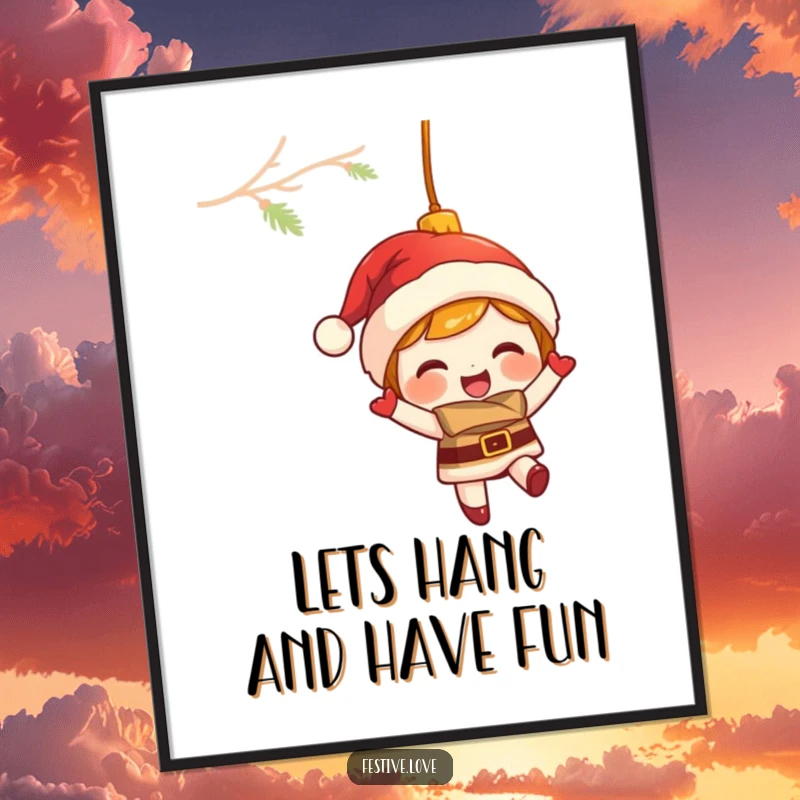 Funny Free Printable Wall Art: A giggling Christmas ornament character swinging merrily, creating a festive and joyful atmosphere.