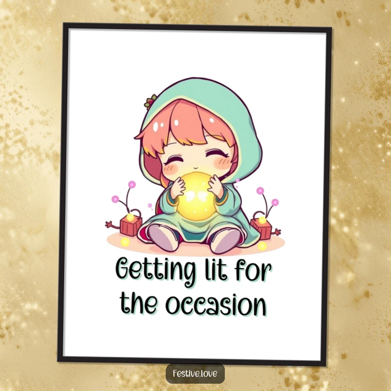 Funny Free Printable Wall Art: A character joyfully playing with a bright, glowing ball of festive holiday lights.