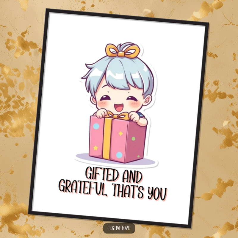 Funny free printable wall art: Small character enthusiastically unwrapping a brightly colored present, radiating pure excitement.