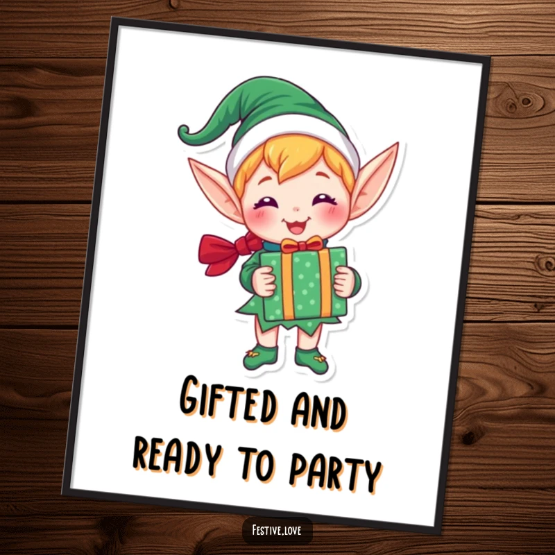 Funny Free Printable Wall Art: A cheerful elf beaming with happiness, holding a perfectly wrapped, festive gift.