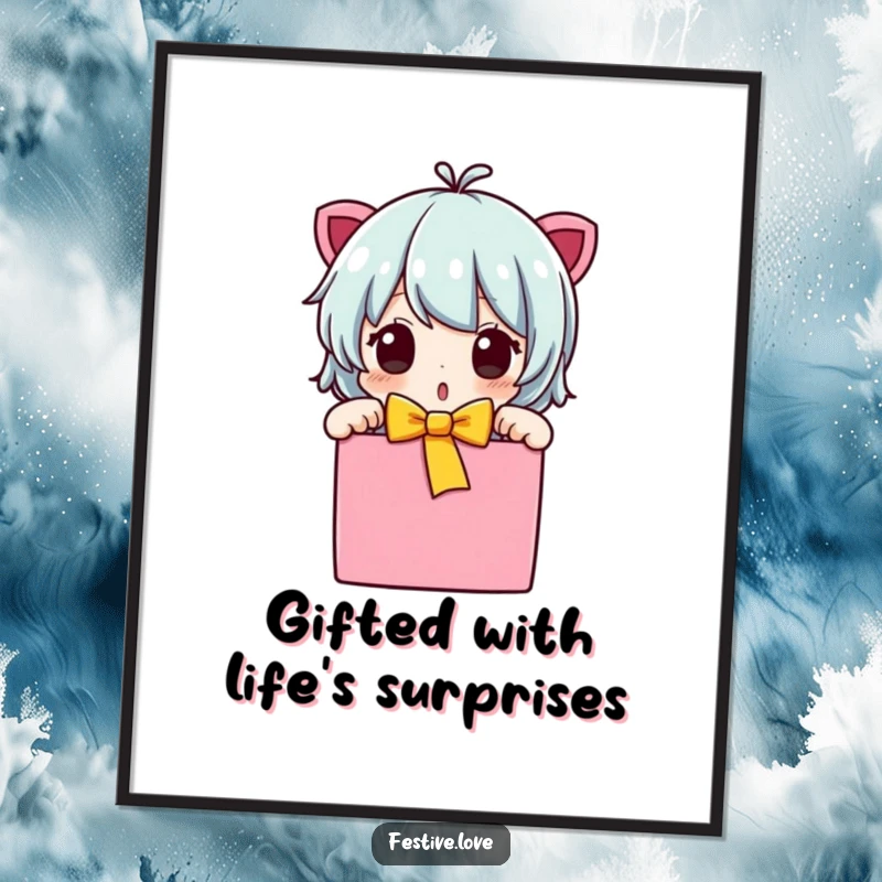 Funny Free Printable Wall Art of a cute character with a shocked expression unwrapping a vibrant gift box.