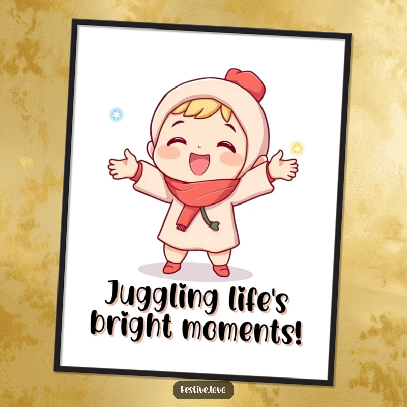 Funny Free Printable Wall Art: A joyful character happily juggles three small, glowing Christmas lights, creating a vibrant and cheerful scene.