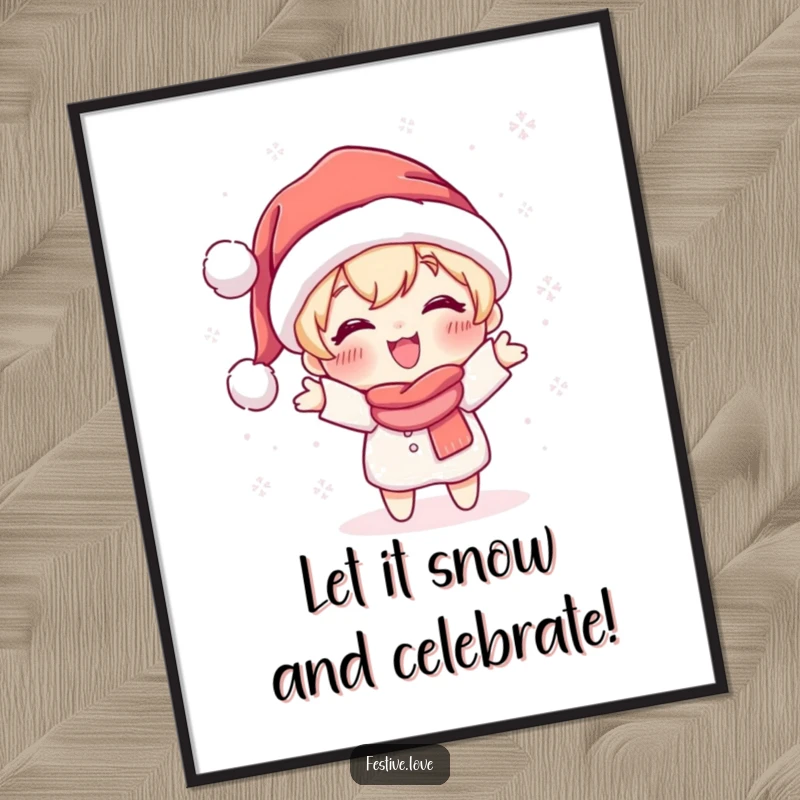 Funny free printable wall art: Cute Santa character in a festive hat, joyfully throwing sparkling snowflakes, adding humor to decor.