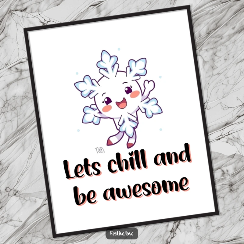 Funny Free Printable Wall Art: A happy snowflake character captured mid-twirl in the air, exuding winter joy.