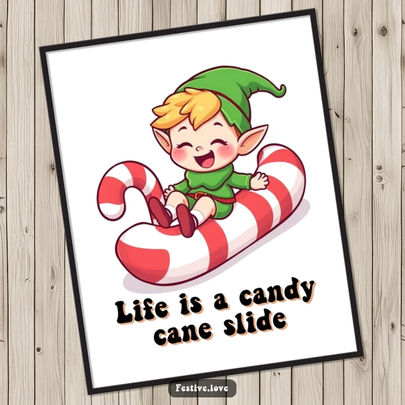 Funny Free Printable Wall Art: A happy elf character slides down a giant candy cane with a wide, joyful grin.