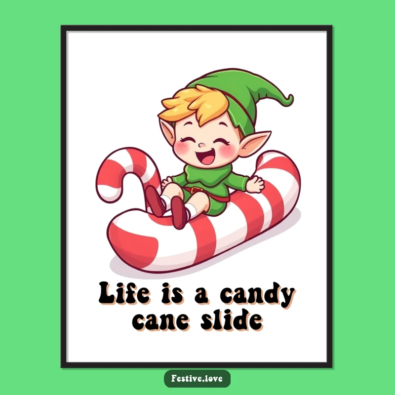 Funny Free Printable Wall Art: Elf Slides Candy Cane - Quirky Download
