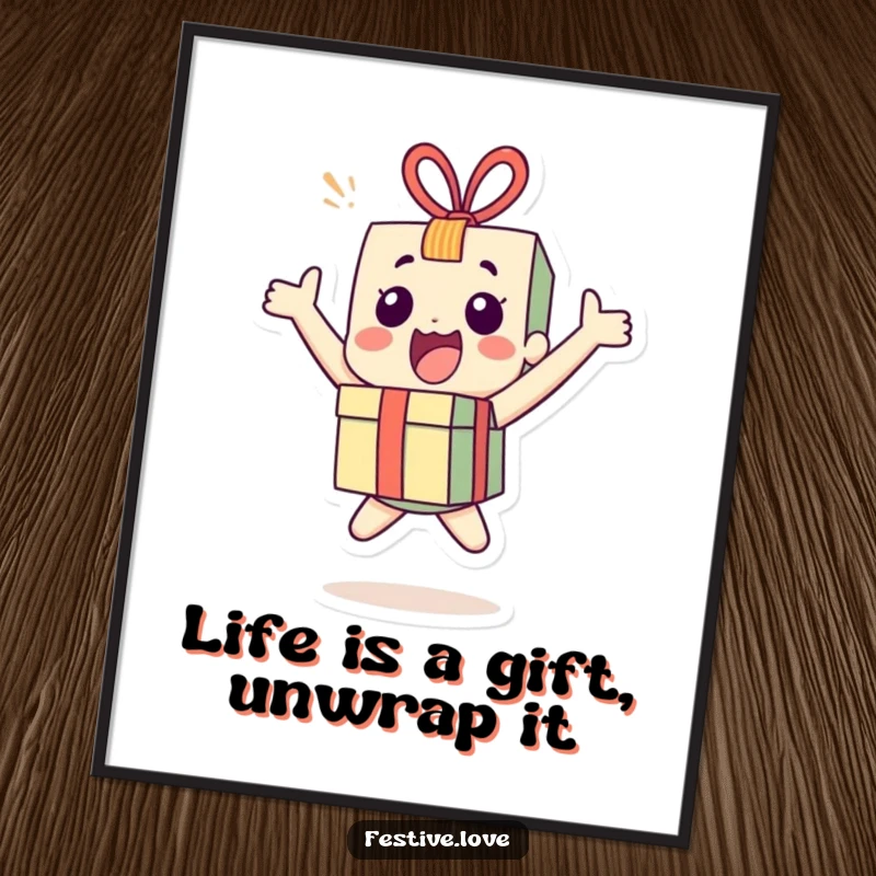 Free Printable Wall Art showcasing an excited little present character bouncing with incredible joy, perfect for a lively room.