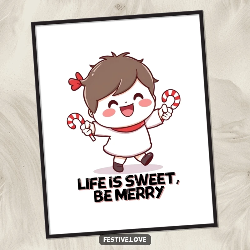 Funny free printable wall art: Cheerful character dancing with tiny candy canes, a wide smile bringing whimsical energy.