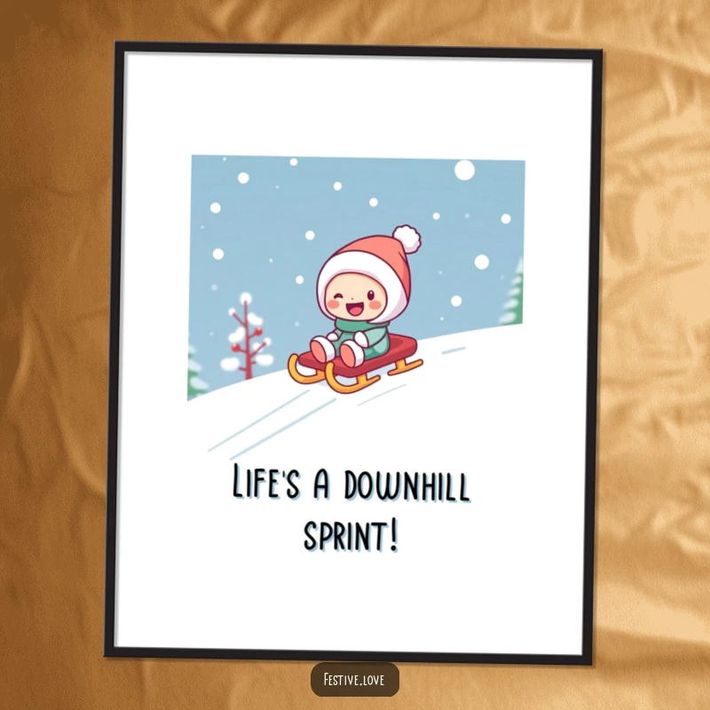 Funny Free Printable Wall Art: A character gleefully slides down a snowy hill on a festive sled, capturing a moment of pure joy.