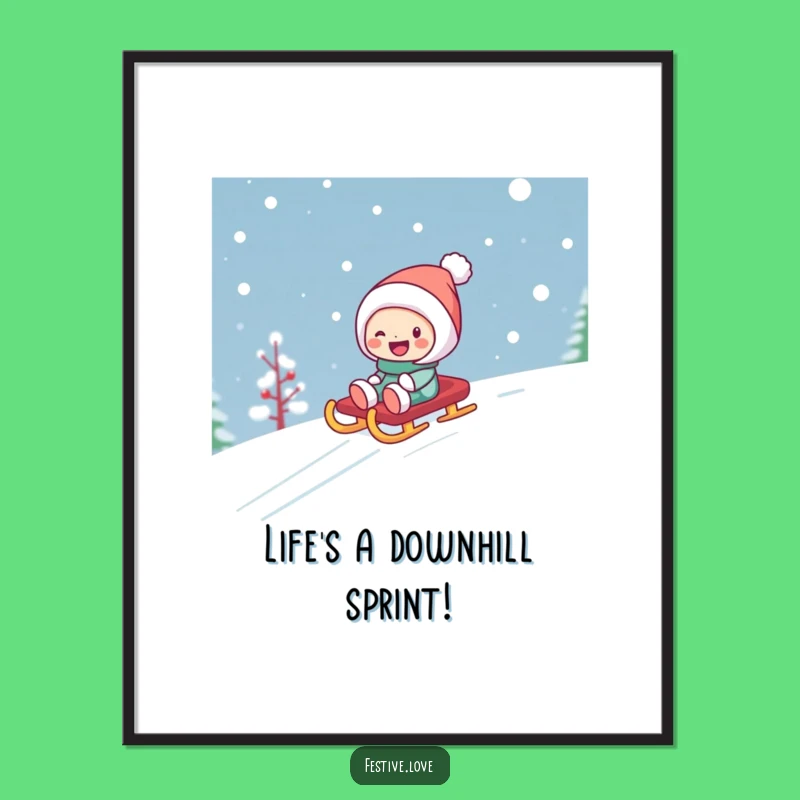 Funny Free Printable Wall Art - Giggling Sledding Character Snow Scene