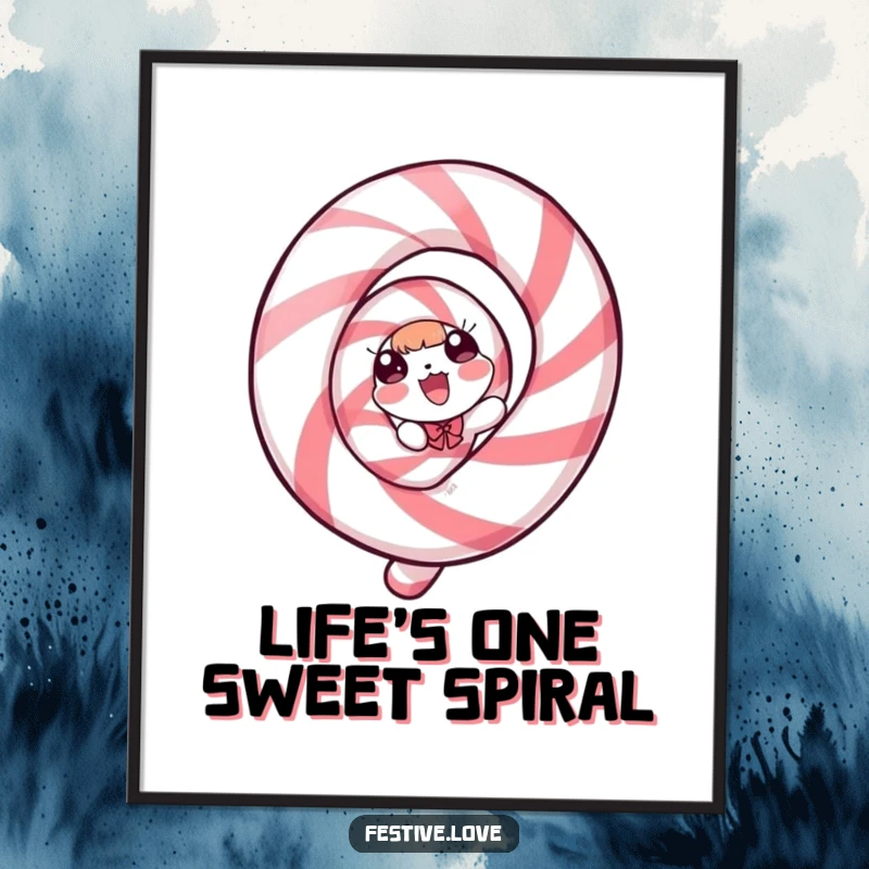 Funny Free Printable Wall Art depicting a candy cane character in a delightful spiral of pure joy and excitement.