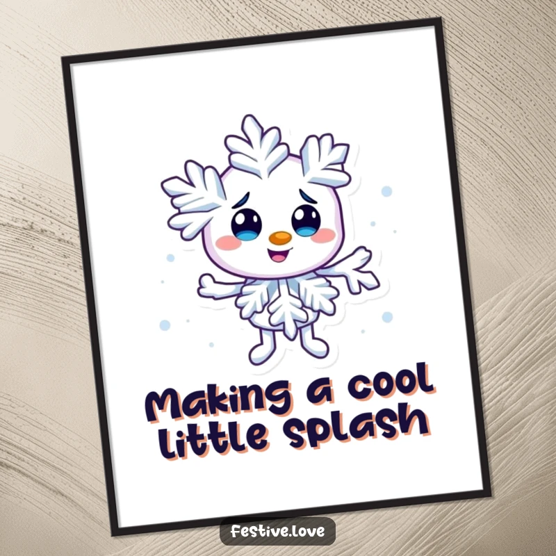 Free Printable Wall Art of a mischievous snowflake character creating a tiny, artistic swirl, perfect for adding cool decor.