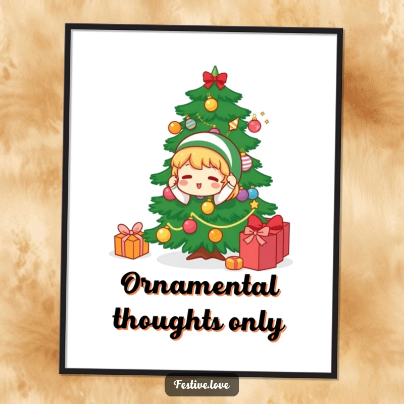 Funny free printable wall art of a cheerful character adorning a Christmas tree with ornaments, radiating festive and humorous holiday vibes.