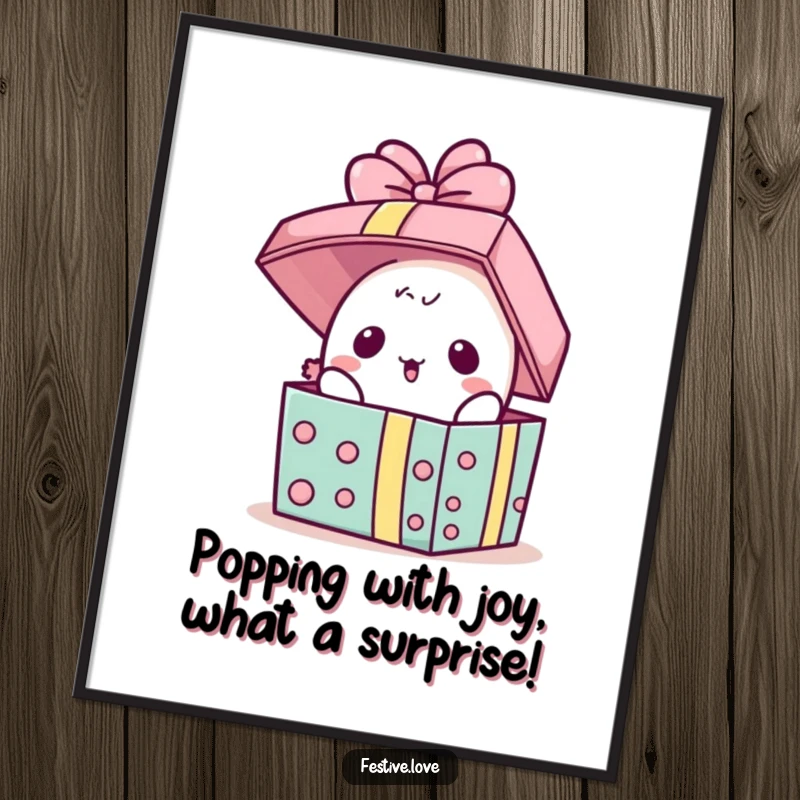 Funny Free Printable Wall Art: A kawaii present character's lid flying open in a moment of comical, unexpected surprise.