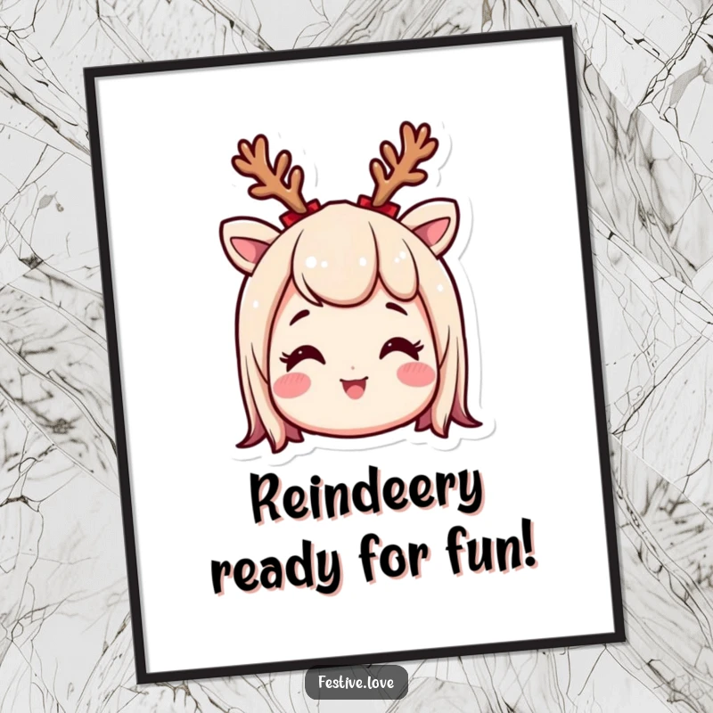 Funny Free Printable Wall Art: A smiling character wears tiny reindeer antlers, looking excited and bringing festive energy to the art.