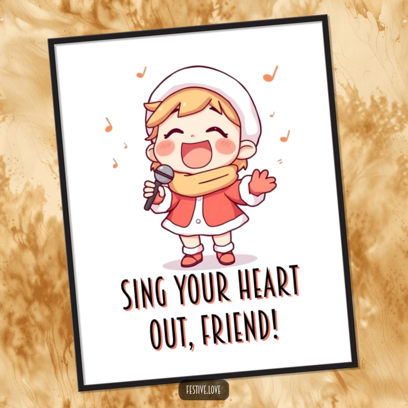 Funny Free Printable Wall Art: Happy carol singer with a wide smile belts out a song, radiating warmth and festive cheer on your wall.