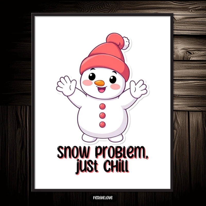 Funny Free Printable Wall Art: A smiling snowman character waves hello with enthusiasm, bringing a cheerful wintery feel.