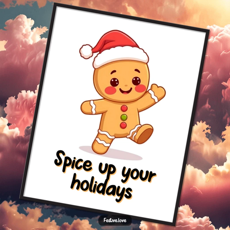 Funny Free Printable Wall Art: An adorable kawaii gingerbread man sporting a Santa hat performs a lively, jolly dance.