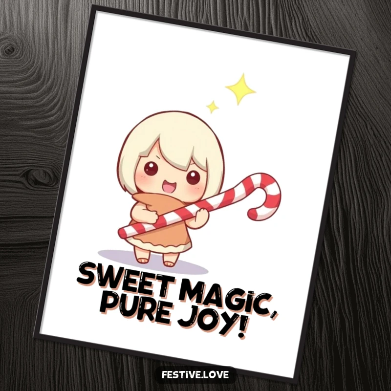 Funny Free Printable Wall Art: A character holds a candy cane like a magic wand, a happy glint in its eye, casting enchanting spells.