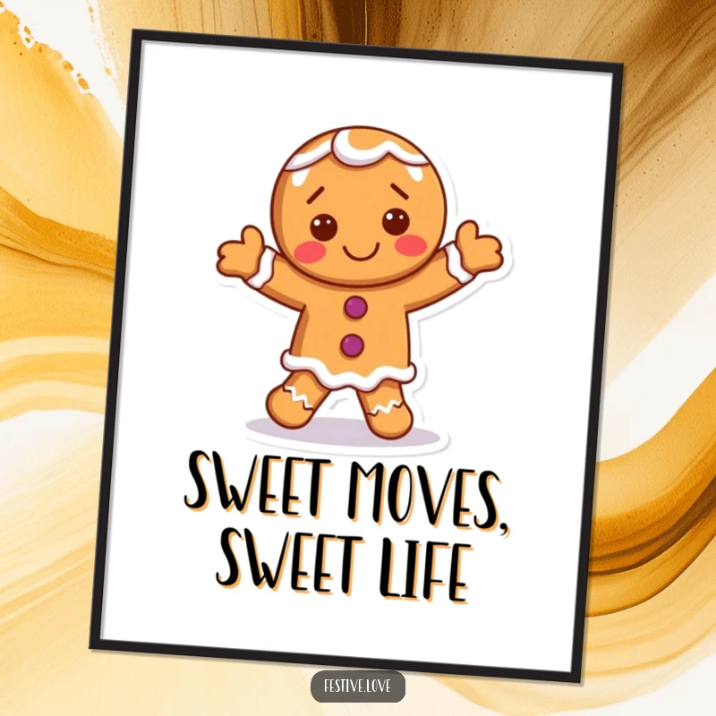 Funny Free Printable Wall Art: A smiling gingerbread man with frosting accents is captured mid-dance, bringing playful charm to decor.