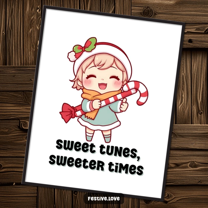 Funny Free Printable Wall Art of a character joyfully caroling with a candy cane, creating a festive and humorous atmosphere.