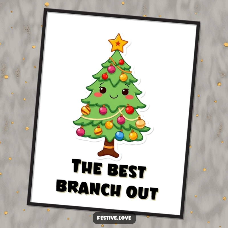 Funny Free Printable Wall Art: A cheerful, decorated Christmas tree with a star on top shines brightly, perfect for festive wall decor.