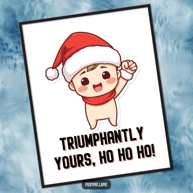 Funny Free Printable Wall Art: Character wearing Santa hat pumps fist in a gesture of pure triumph and festive good cheer, ideal for any room.