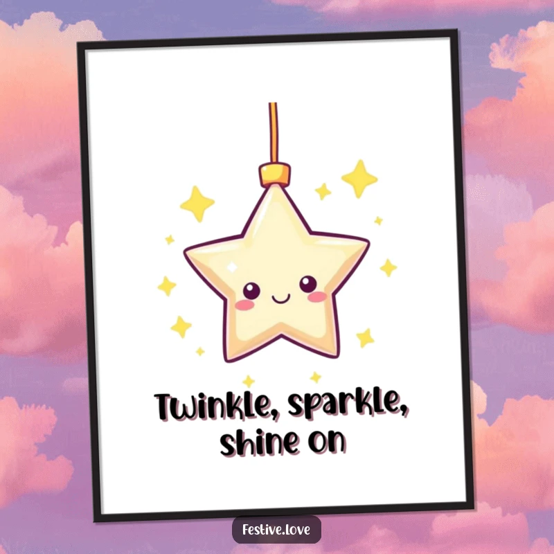 Funny Free Printable Wall Art: A kawaii star ornament captured mid-twinkle and spin, radiating cheerful cosmic energy.