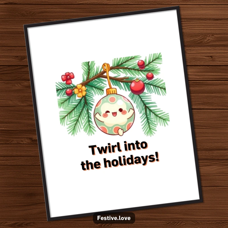 Funny Free Printable Wall Art: Gleeful ornament character is captured mid-spin on a decorated branch, bringing vibrant festive energy to any room.