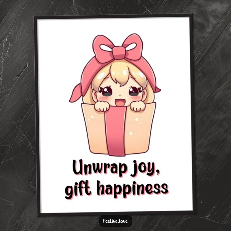 Funny Free Printable Wall Art: A cute present character peeking from ribbon, bringing joy and humor to any room.