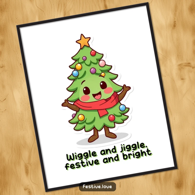 Funny Free Printable Wall Art: A charming kawaii Christmas tree character doing an energetic and festive wiggle, full of holiday joy.