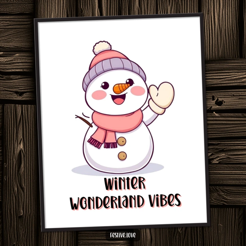 Funny Free Printable Wall Art: An adorable kawaii snowman with a carrot nose happily waves a mitten energetically.