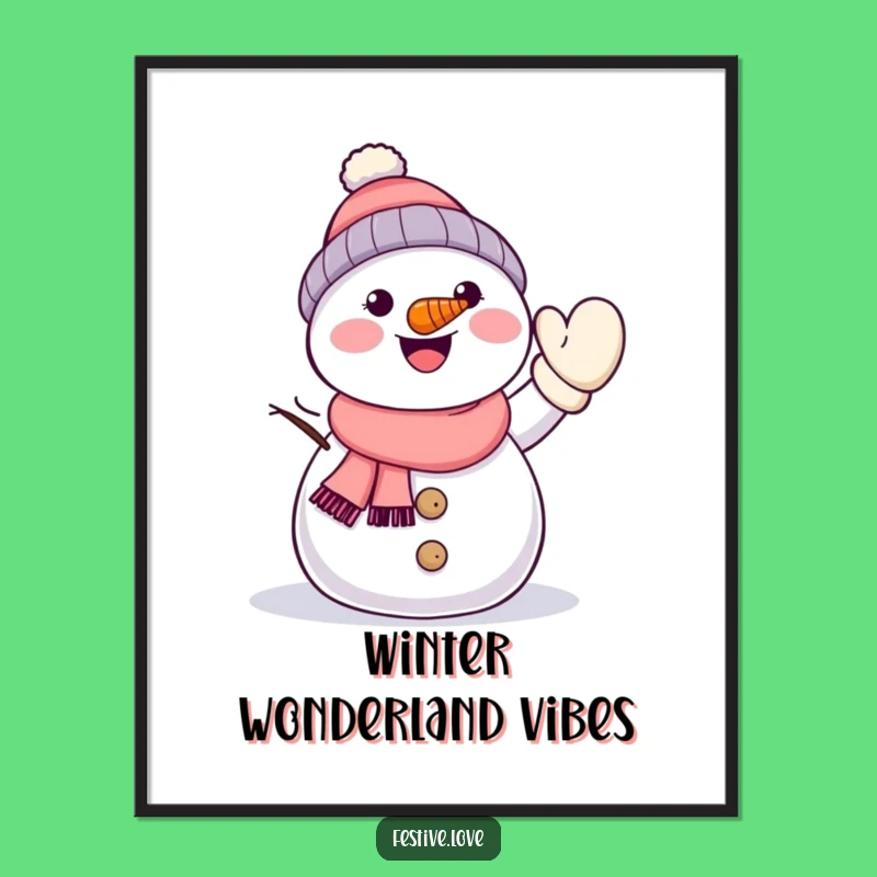 Free Printable Wall Art: Kawaii Snowman Waving, Funny Winter Decor, Downloadable