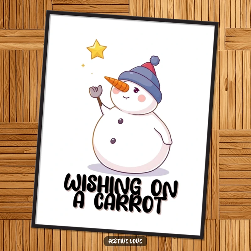 Funny Free Printable Wall Art: Plump snowman points carrot nose up at a falling star, evoking dreams.