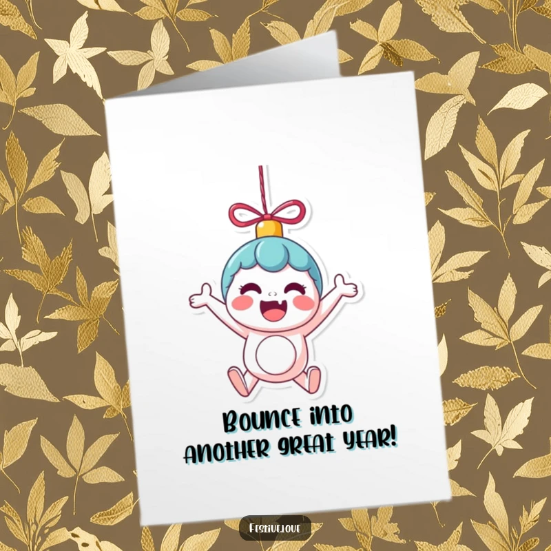 Funny Free Printable Birthday Card: Kawaii ornament character enthusiastically bouncing with pure, unadulterated excitement, ready to celebrate.