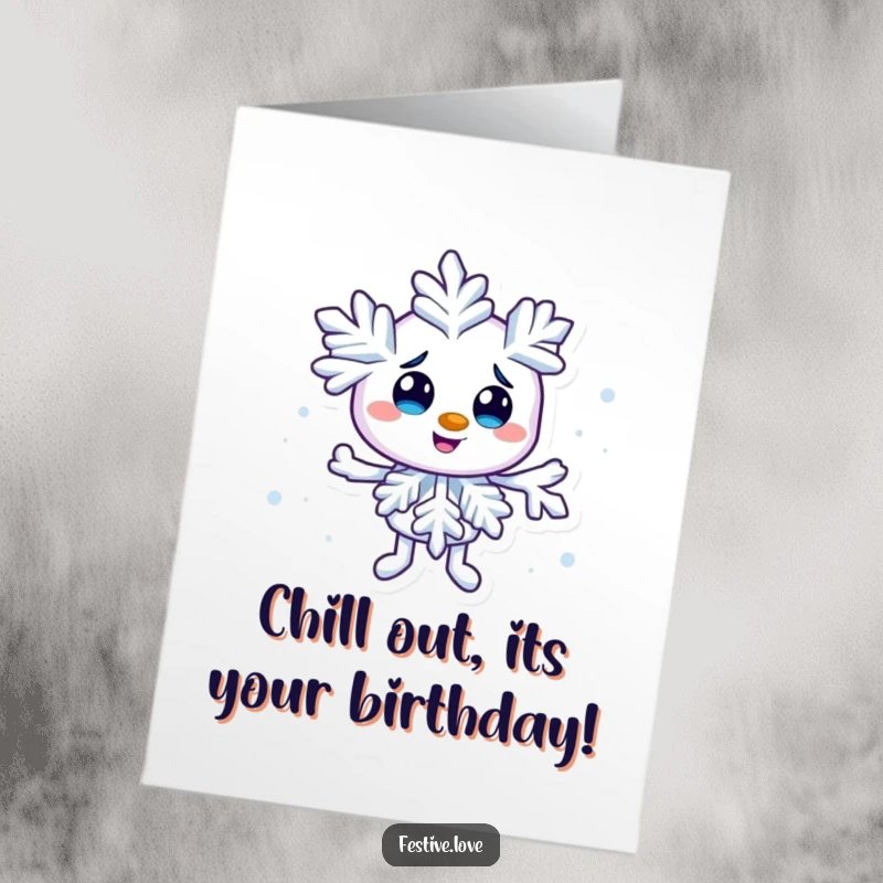 Funny Free Printable Birthday Card featuring a mischievous snowflake character creating a tiny, playful swirl, adding a cool touch.