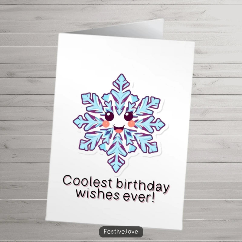 Funny Free Printable Snowflake Birthday Card: A happy snowflake character with intricate patterns, joyfully spinning to celebrate.