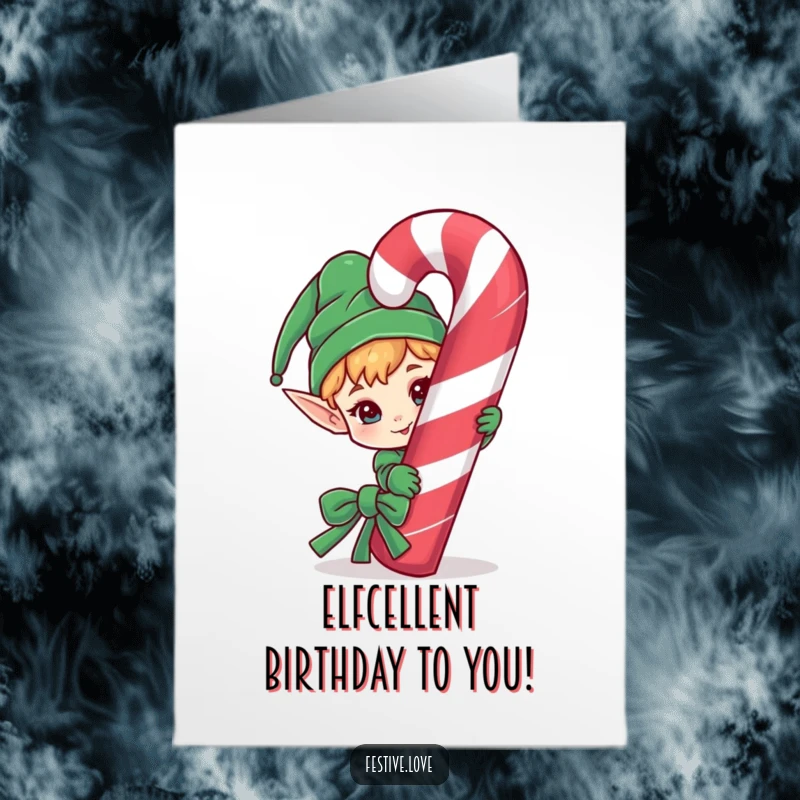 Funny Free Printable Birthday Card: Mischievous elf character peeking from behind a giant candy cane, playful, holiday theme.