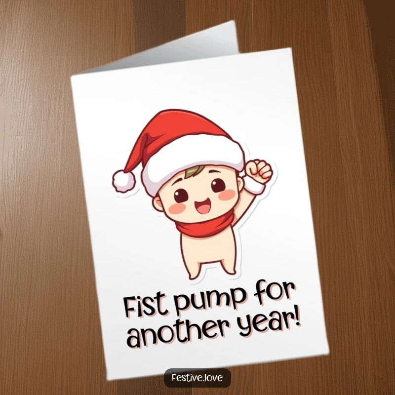 Funny Free Printable Birthday Card: Santa hat character pumps fist triumphantly, exclaiming 'Hooray for Birthdays!' with festive excitement.