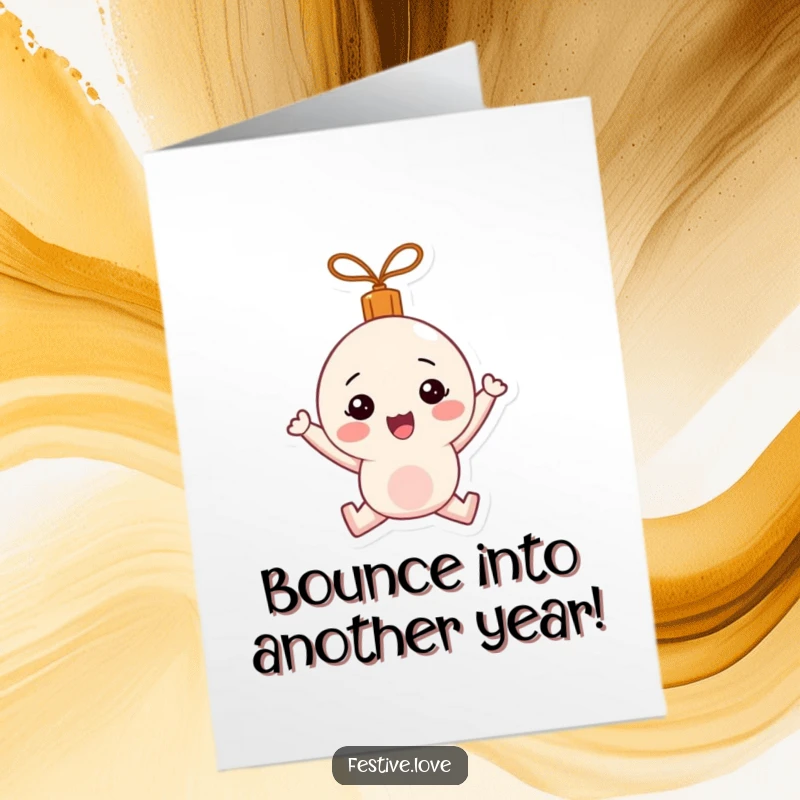 Funny Free Printable Birthday Card featuring a round ornament character happily bouncing with festive energy.