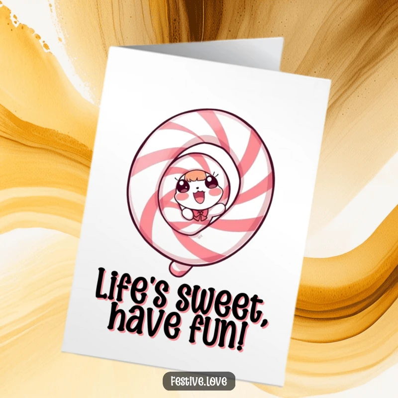 Funny Free Printable Birthday Card featuring a candy cane character joyfully spiraling with delight, ready to celebrate.