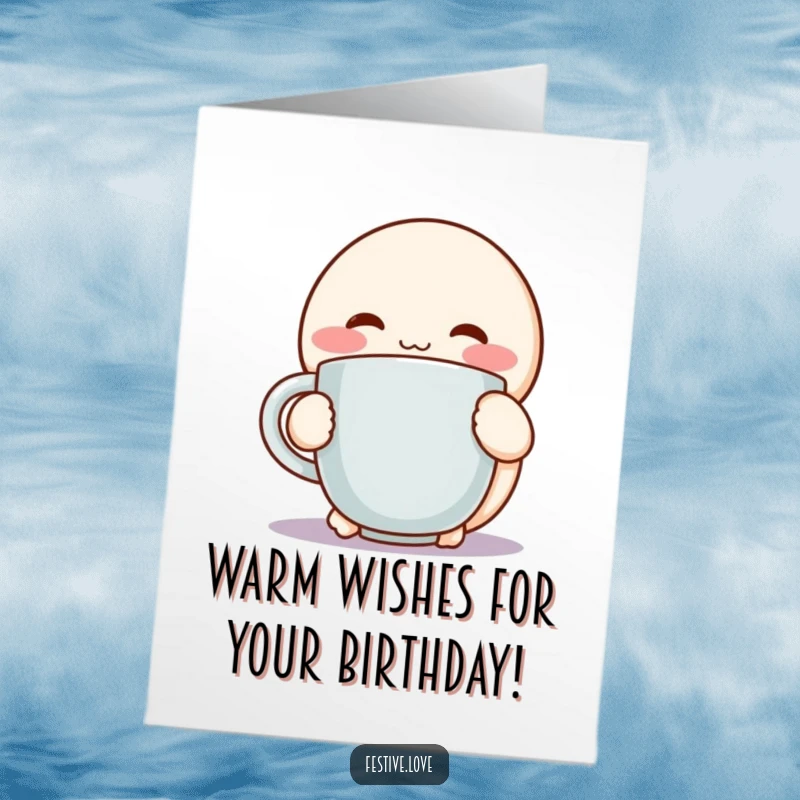 Funny free printable birthday card: Round character with rosy cheeks embracing a steaming mug, radiating pure cozy delight.