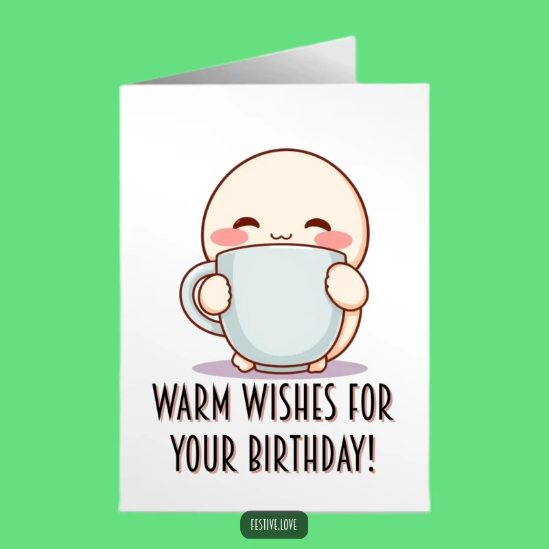 Free Printable Birthday Card: Cozy Character Hugging Mug - Warm & Funny Download Gift