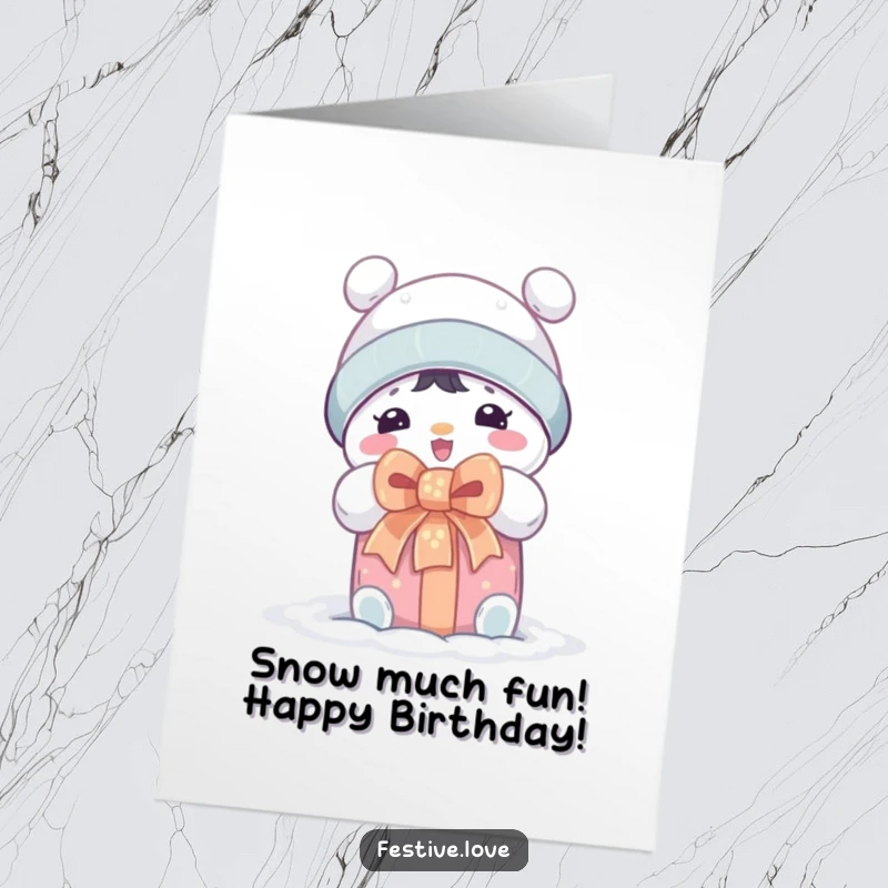 Funny Free Printable Birthday Card: A cute snow character joyfully unwraps a gift, big bow, winter fun, downloadable art.