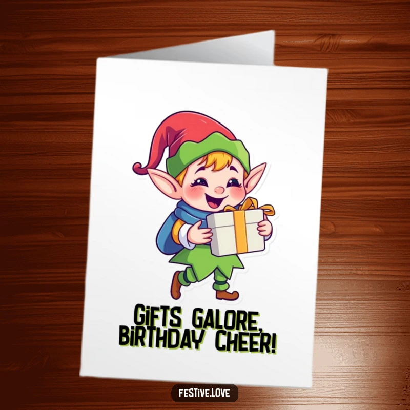 Funny Free Printable Birthday Card: A jolly elf character grins widely while delivering a wrapped gift with care.